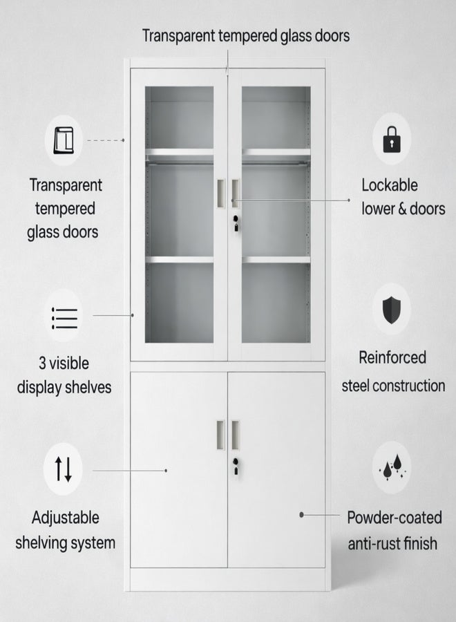 Harmony Home خزانة تخزين معدنية من هارموني هوم ببابين زجاجيين و 4 أبواب مع قفل ورفوف قابلة للتعديل - منظم معدني أبيض للمكتب، المنزل، المدرسة، الصالة الرياضية، الصالون، العيادة ودار الرعاية - أبيض - Image 4